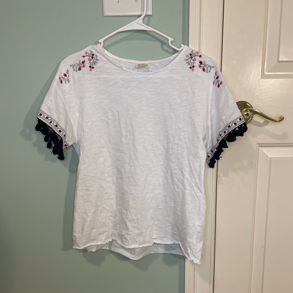 Zara girls white embroidered shirt with navy tassels